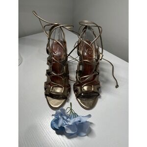ALDO Metallic Gold Lace Up Gladiator Stiletto Sandals Leather Sole Womens 37